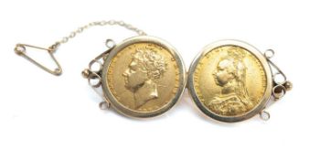 DOUBLE SOVEREIGN BAR BROOCH, comprising George IV 1829 sovereign, Victorian 1887 sovereign, in 9ct