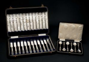 TWO CASED SILVER SETS OF FLATWARE, including set 12 Elkington fruit knives and forks, Sheffield