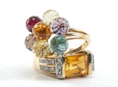 TWO 9CT GOLD RINGS comprising multi-gem ring and citrine and diamond chip ring, 9.8gms gross (2)