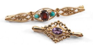 TWO 9CT GOLD BAR BROOCHES set with garnet, turquoise and amethyst, 7.3gms gross (2) Provenance: