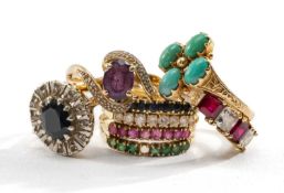 FIVE GOLD RINGS comprising multi-gem ring stamped '750', 9ct gold turquoise ring, 9ct gold five