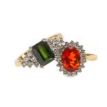 TWO 18CT GOLD RINGS comprising fire opal and diamond cluster ring and green tourmaline and diamond