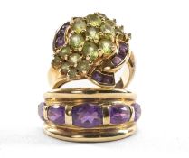 TWO 9CT GOLD DRESS RINGS comprising five stone amethyst ring and amethyst and peridot cluster