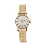 18CT GOLD TISSOT LADIES BRACELET WATCH, champagne dial with baton numerals, brick link bracelet with