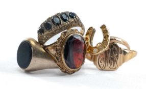 FIVE 9CT GOLD RINGS, including gem set, signet, horseshoe, onyx, 16.0gms gross (5) Provenance: