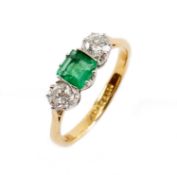 18CT GOLD & PLATINUM THREE STONE DIAMOND & EMERALD RING, the central square cut emerald (5 x 5mms