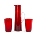 20TH CENTURY GLASSWARE comprising 2 x ruby glass tumbler vases with wave ribbed pattern, designed by