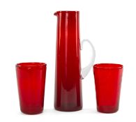 20TH CENTURY GLASSWARE comprising 2 x ruby glass tumbler vases with wave ribbed pattern, designed by