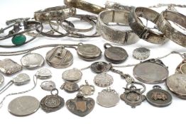 ASSORTED SILVER BRACELETS & LOCKETS, including six foliate engraved hinged bangles, 2 wire cuffs set