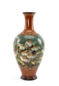 DOULTON 'IMPASTO' VASE, 1883, painted with a broad band of daisies, between classical borders, brown
