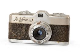 MIKROMA CAMERA, with Meopta Mirar f3.5 20mm lens Comments: leather on front cracked, plating worn,