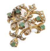9CT GOLD EDWARDIAN STYLE PENDANT BROOCH, set with seed pearls and emeralds, 6.0gms Provenance: