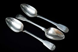 SET THREE GEORGE IV SILVER TABLESPOONS, Hyam Hyams, London 1821, fiddle pattern with engraved
