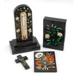 GROUP OF PIETRA DURA COLLECTIBLES, including desk thermometer, paperweight, crucifix and a plaque (