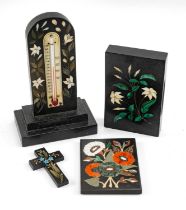 GROUP OF PIETRA DURA COLLECTIBLES, including desk thermometer, paperweight, crucifix and a plaque (