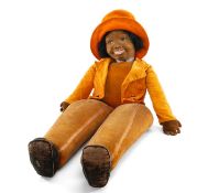 LARGE NORA WELLINGS VELVET DOLL, c. 1930s, with black mohair wig, dressed in orange hat and matching