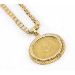 TAMANACO CACIQUES DE VENEZUELA GOLD COIN, in 18k gold mount on yellow gold chain, 28.9gms gross