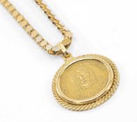 TAMANACO CACIQUES DE VENEZUELA GOLD COIN, in 18k gold mount on yellow gold chain, 28.9gms gross