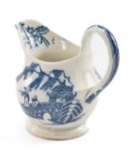 LATE 18TH C. PEARLWARE CREAM JUG, blue and white printed Chinoiserie pattern with flower sprays at