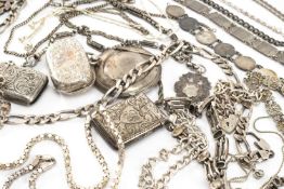 ASSORTED SILVER CHAINS, PENDANTS, VESTA CASES & BRACELETS, including Victorian double sovereign case