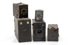 FIVE ASSORTED BOX CAMERAS, including No.2 Brownie, Coronet Rex, Box Ensign 2 1/2, black box camera