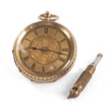 18K SWISS GOLD FOB WATCH, late 19th Century, gold Roman dial with floral engraved centre and