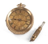 18K SWISS GOLD FOB WATCH, late 19th Century, gold Roman dial with floral engraved centre and