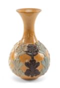 RARE DOULTON STONEWARE FACTORY TRIAL VASE, bottle form, applied with 8 flowers in different colours,