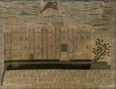 EARLY VICTORIAN WELSH WOOLWORK PICTURE OF CARDIFF CASTLE, with red ensign flying above, titled