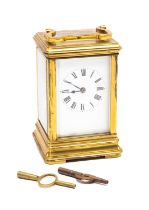 GILT BRASS FIVE GLASS CARRIAGE CLOCK, gorge case, enamel dial with Roman numerals, bevelled glass,