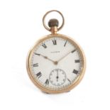 9CT GOLD WALTHAM OPEN FACE POCKET WATCH, the white enamel dial with Roman numerals, subsidiary