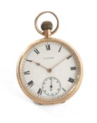 9CT GOLD WALTHAM OPEN FACE POCKET WATCH, the white enamel dial with Roman numerals, subsidiary