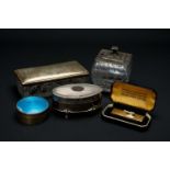 SILVER DRESSING TABLE BOXES, CIGAR CUTTER ETC., including oval box with machined cover, blue