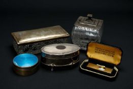 SILVER DRESSING TABLE BOXES, CIGAR CUTTER ETC., including oval box with machined cover, blue