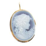 ITALIAN BLUE CHALCEDONY CAMEO, carved with a maiden in profile, in 18K gold frame with rope-twist