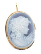 ITALIAN BLUE CHALCEDONY CAMEO, carved with a maiden in profile, in 18K gold frame with rope-twist