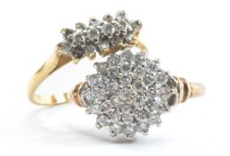 GOLD RINGS comprising 18ct gold diamond three row ring, 9ct gold diamond cluster ring, 7.4gms gross,