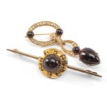 14K GOLD GARNET & DIAMOND DROP PENDANT BROOCH, the cabochon garnets accented with diamond chips,