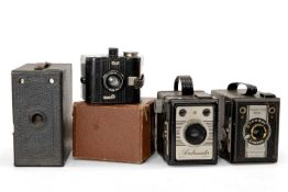 FOUR ASSORTED BOX CAMERAS, comprising Coronet Ambassador, Conway colour filter camera, Ensign box