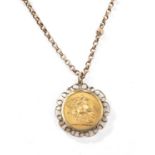 GEORGE V GOLD SOVEREIGN, 1912, 9ct gold scroll mount, on 9ct gold circle link chain, 17.4gms