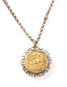 GEORGE V GOLD SOVEREIGN, 1912, 9ct gold scroll mount, on 9ct gold circle link chain, 17.4gms