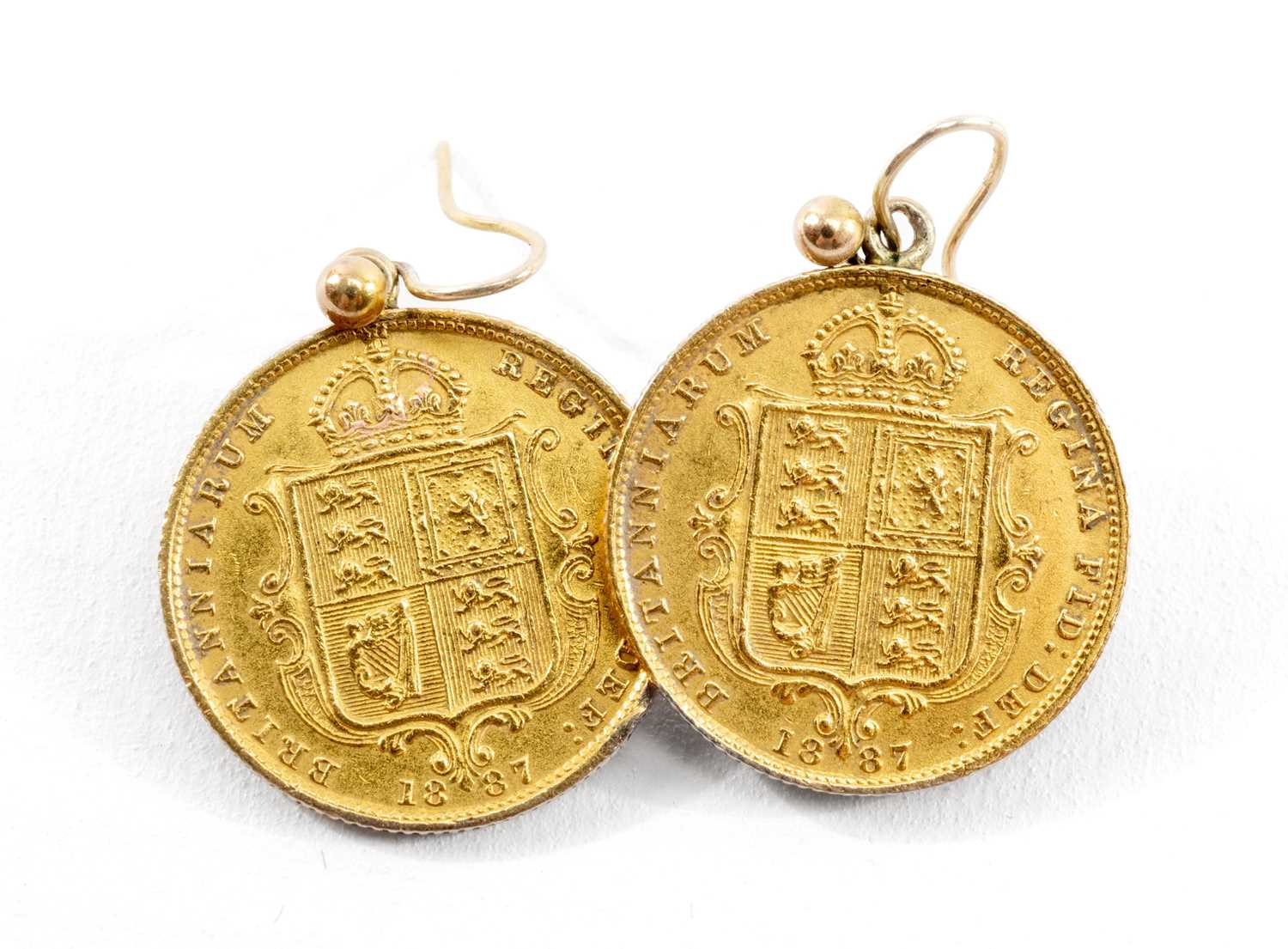 PAIR OF VICTORIAN GOLD HALF SOVEREIGN EARRINGS, 1887, Jubilee head, 8.3gms gross (2) Provenance: