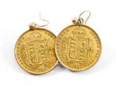 PAIR OF VICTORIAN GOLD HALF SOVEREIGN EARRINGS, 1887, Jubilee head, 8.3gms gross (2) Provenance: