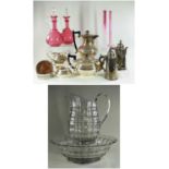 ASSORTED EPNS & GLASSWARE, comprising 4-piece EPNS teaset, pair EPNS bottle coasters, pair EPNS cafe