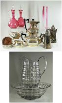 ASSORTED EPNS & GLASSWARE, comprising 4-piece EPNS teaset, pair EPNS bottle coasters, pair EPNS cafe