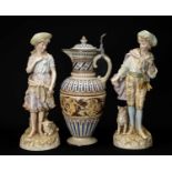 METTLACH STONEWARE & PEWTER MOUNTED FLAGON, in the Renaissance style, and PAIR FRENCH BISQUE FIGURES