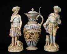 METTLACH STONEWARE & PEWTER MOUNTED FLAGON, in the Renaissance style, and PAIR FRENCH BISQUE FIGURES