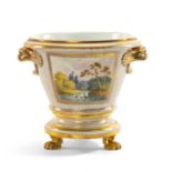 COALPORT PORCELAIN CACHE POT ON STAND, 19th Century, gilt dolphin handles, two painted landscapes in