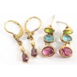 PAIR OF YELLOW METAL MULTI-GEM DROP EARRINGS, together with pair of amethyst earrings, in vintage