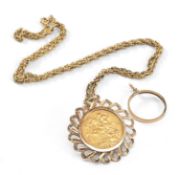 VICTORIAN GOLD SOVEREIGN, 1892, Veiled head, in 9ct gold pendant mount, on 9ct gold chain,